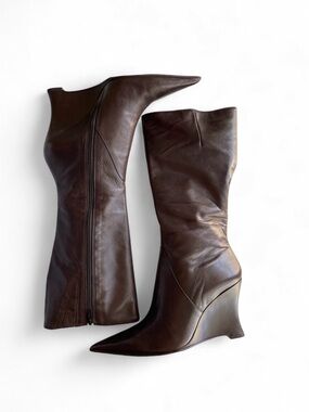 VINTAGE Luichiny Brown Pointed-Toe Wedge Knee Boots